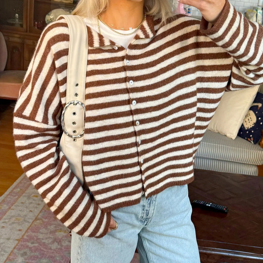 Gestreifte Strickjacke mit Knopfleiste Khaki