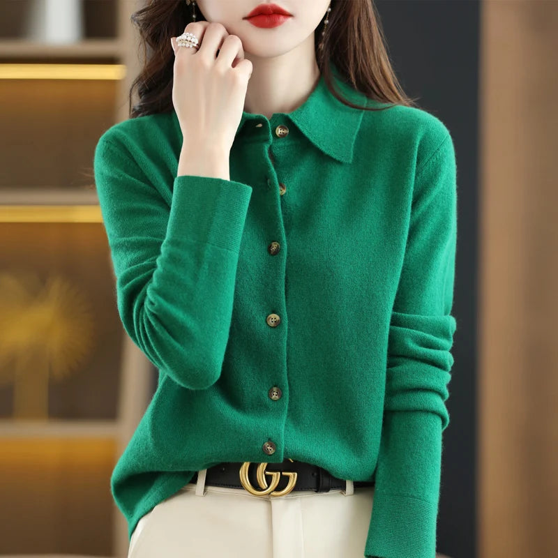 Strickjacke mit Polokragen Moosgrün